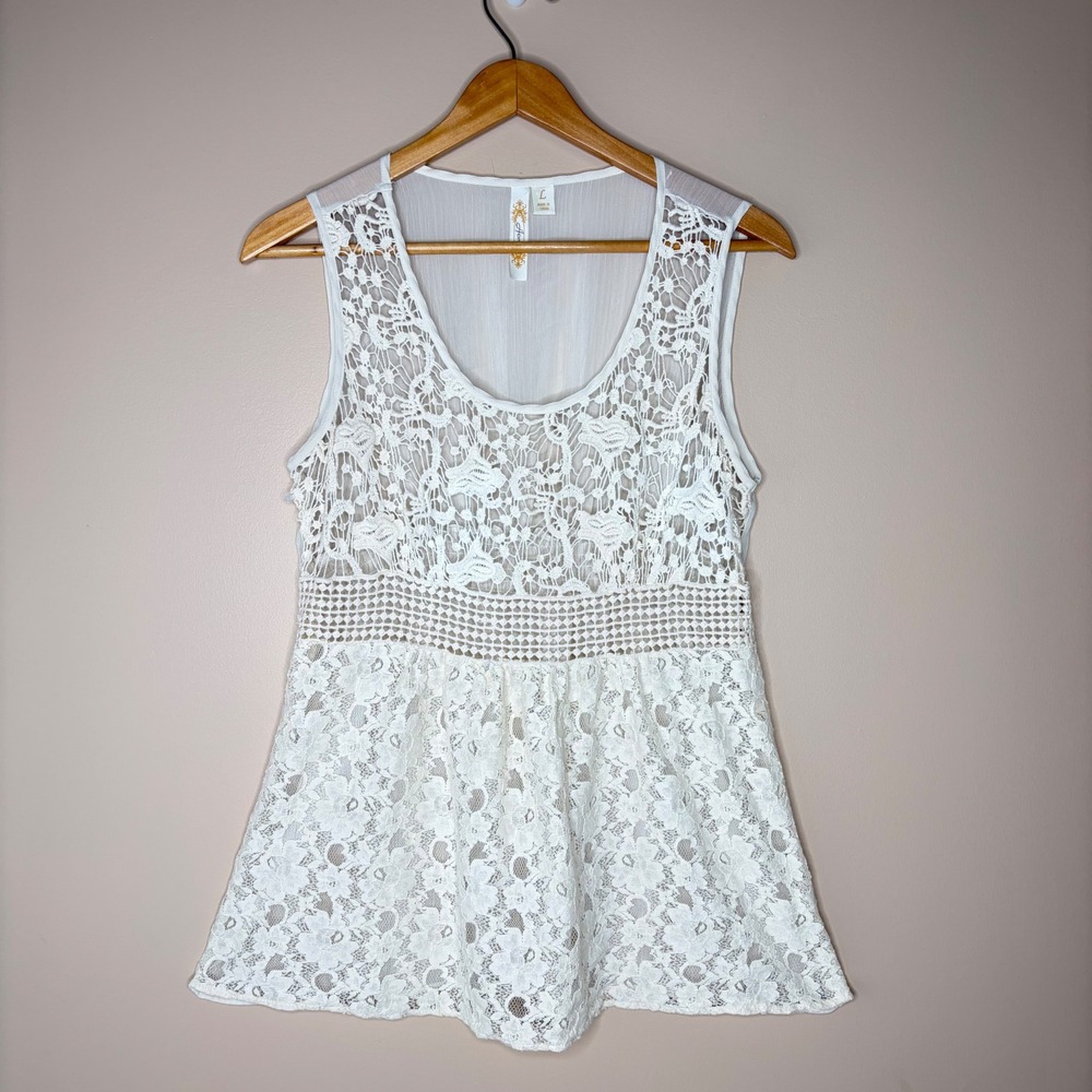 Adiva Lace Babydoll Tank Top Womens Large White Crochet‎ Boho Romantic Ethereal